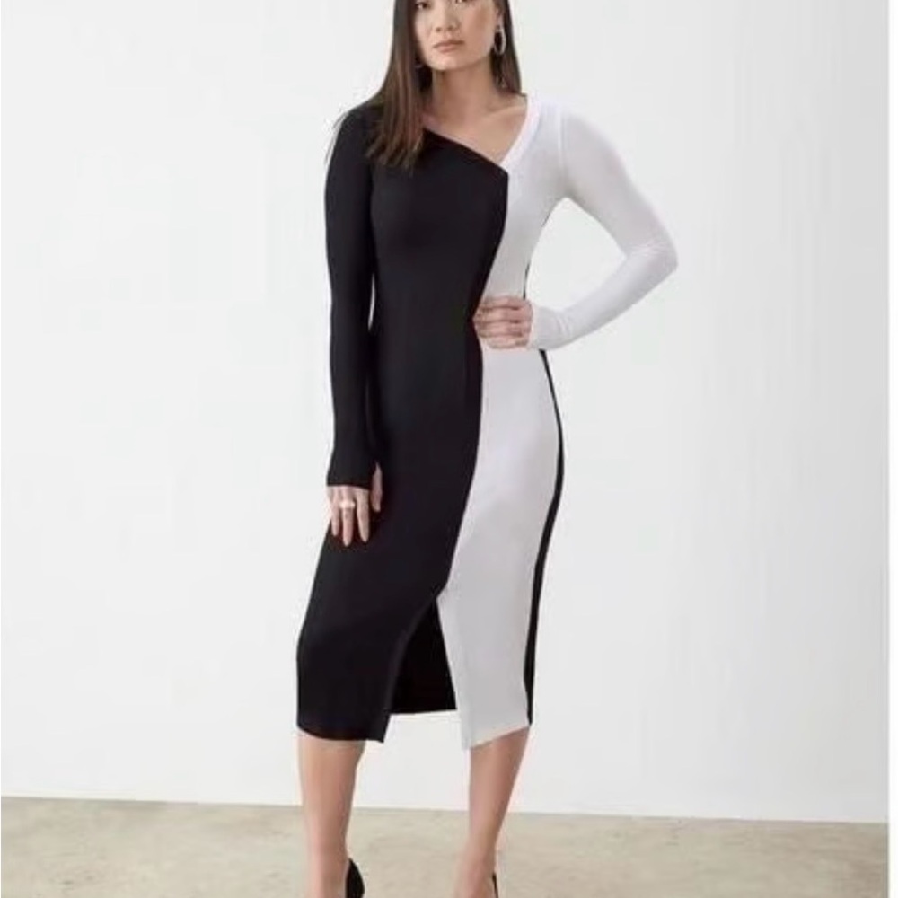 Black and White Colorblock Bodycon Midi Dress